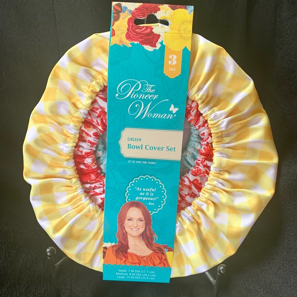 The Pioneer Woman Yellow Gingham Red Splatter Turquoise Floral Bowl Cover Set